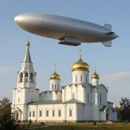 a large dieselpunk airship is standing in the air over a splendid white church in russia, full morning sun, matte painting by greg rutkowski, markus vogt