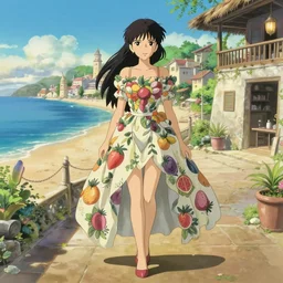 a full body portrait of a young latin woman with a flowery fruit - based dress, at a beach hotel, delicate features finely detailed perfect art, at an ancient city, gapmoe yandere grimdark, trending on pixiv fanbox, painted by greg rutkowski makoto shinkai takashi takeuchi studio ghibli