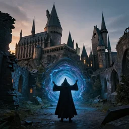 ruins of a harry potter universe castle in the evening. a dark wizard stands inside the ruins and summons a portal that would take me back home.