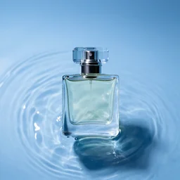 perfume bottle centered in cool blue ripples in water