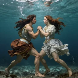 epic beautifull renaissance portrait of a couple dispute wrestle underwater, art by * christy lee rogers * ( with help of mario testino and peter lindbergh, marta syrko and neil leifer )
