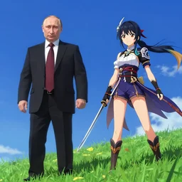 photorealistic Vladimir Putin and a beautiful anime swordfighter girl on a grassy hill with a deep blue sky in Genshin Impact, pixiv, game art, digital art, anime screenshot, kyoto animation, makoto shinkai, trending on artstation