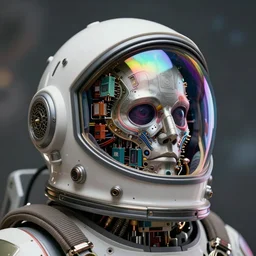 biomechanical head inside a futuristic space helmet by Roberto Ferri, vintage transistors, white plastic, iridescent visor, nebulous gas background. intricate artwork by artgerm and ruan jia and greg rutkowski, octane render, cinematic, hyper realism, 8k, depth of field, bokeh, vibrant