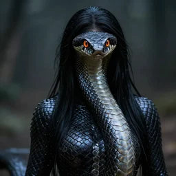 snake woman hybrid, long, black scales, bright amber eyes, chest coverd in scales, cinematographic shot,