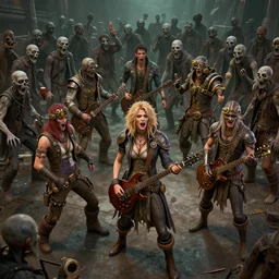 steampunk rock band fighting a horde of zombies, 3d scene, render, ultra realistic, zenith view, Greg Rutkowski, artstation, cgsociety, unreal engine, ray tracing, detailed illustration, hd, 4k, digital art, overdetailed art, concept art, by greg rutkowski, complementing colors, Trending on artstation, deviantart