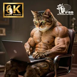 anthropomorphic cat sitting in a chair using a laptop, painting, ifbb pro hyper muscular body, by greg rutkowski and igor kieryluk, photo realistic, dynamic lighting, artstation, poster, volumetric lighting, very detailed face, 8 k, award winning