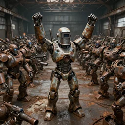 a realistic robot with a welding helmet head, arms held high in triumph, standing in front of hundreds of large robots inside a huge rusty dingy warehouse, army of robots, raygun gothic, atomic punk, digital art, detailed octane render, high angle