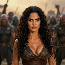 epic photo of muscular salma hayek as beautiful barbarian warrior queen with long curly black hair, battle scene with a thousand monsters behind her in the background, sweaty, detailed eyes, neutral expression, shallow depth of field, photorealistic, cinematic lighting, lovely bokeh, warm colours, dusk, movie quality, conan the destroyer 1 9 8 5, movie still, cinemascope