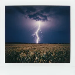 dark old polaroid of an lightning strike hitting a corn field during a thunderstorm, pictorialism, desolate