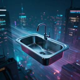 an entire kitchen sink flying at high speeds in a bioluminescent city at night, portrait by loish and WLOP, octane render, dark fantasy, cyberpunk, cyber, motion blur, trending on ArtStation