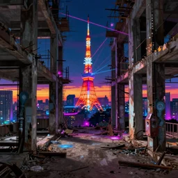 a beautiful detailed illustration of unfinished building hallway abandoned city industrial architecture urbex by frederick mccubbin, tokyo at night nightvision sunset neon signs alien retrowave lightpaint dramatic lighting thermal vision at dusk laser uv light nightsky neon noir thermal imaging, archdaily, wallpaper, highly detailed, trending on artstation.