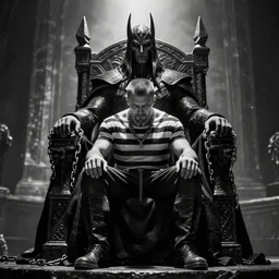 a prisoner in chains in front of the throne of the dark lord, black and white,