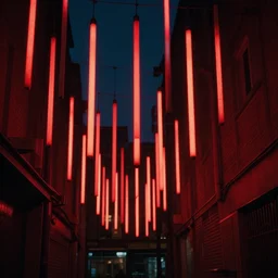 red fluorescent tubes suspended above a city alleyway, beautiful lighting installation inspired by lumiere, night time photography, dramatic lighting