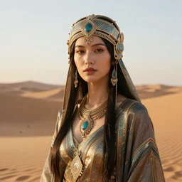 giesha demon, innovative avant - garde art, deco fashion, asian desert nomad women, highly detailed, photorealistic portrait, serene desert setting, golden hour, crisp quality and light reflections, octane render