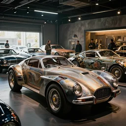 fallout 5, retro futuristic vintage cars in showroom, atmospheric lighting, painted, intricate, volumetric lighting, beautiful, daytime, sunny weather, slight overcast, sharp focus, deep colours, ultra detailed, by leesha hannigan, ross tran, thierry doizon, kai carpenter, ignacio fernandez rios