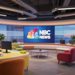 nbc newsroom, colorful furniture, ceiling ducts, octane render, unreal engine 5, ray tracing, depth of field