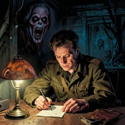 colorful horror comics style by beksinski ; real life full portrait by artgerm, backdrop by stephen king ; matt damon as an american world war 2 sergeant delirious while writing letter creepy table lamp, all alone at night, haunted cabin, year 1 9 4 2, scary, 8 k hdr, creepy intricate dramatic lighting, insanely detailed