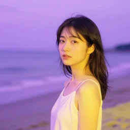 a photo of a japanese woman in a beach at a colourful lighting, purple and yellow lighting