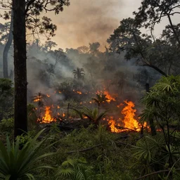 War-torn hellscape, jungle, forest fire