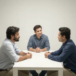 three men sitting across each other on a table