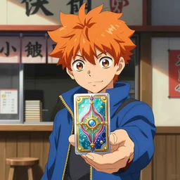 orange - haired anime boy, 1 7 - year - old anime boy with wild spiky hair, wearing blue jacket, holding magical technological card, magic card, in front of ramen shop, strong lighting, strong shadows, vivid hues, raytracing, sharp details, subsurface scattering, intricate details, hd anime, high - budget anime movie, 2 0 2 1 anime