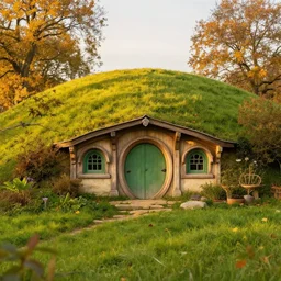 a hobbit house built into the hillside, lush fields, autumn leaves, golden hour, high quality digital art