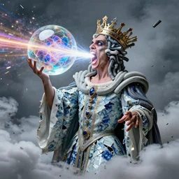 a perfect majestic portrait photograph of a distorted, contorted human monarch ludicrously bursting into a cloud of shrapnel. their gaping mouth is blasting colored rays of pure energy in a fractal glass sphere. expressive robes of shattered porcelain, and a crown of myriad corrugated tubes engulfing their head.