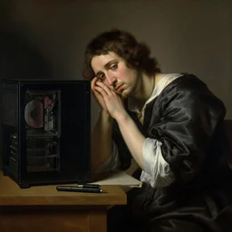 A Baroque painting of an AI artist who is sad because they want a more powerful PC, by Pieter Claesz, masterpiece, trending on ArtStation, 8K,