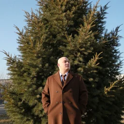 Photo of White chubby clean-shaven man wearing a chocolate brown overcoat and necktie is resting under a giant evergreen tree; calm, afternoon, clear sky, windy
