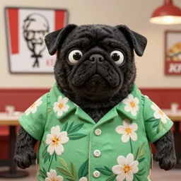 a black pugalier wearing a hawaiian shirt, living in a kfc, disney character, cartoonish, claymation, photo by wes anderson