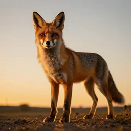 a low angle photo of a cat fox hybrid, at the golden hour, sunset, sunrise, warm lighting, strongshadows, photo by slim aarons, award winning, 4 k
