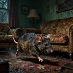 cinematic colorful horror artwork by artgerm, beksinski, mark brooks, stephen king ; real life full portrait of ugly furry mouse ducked its head down, ran as fast as it could into the living room darting under the couch ; dark ominous scary, 8 k hdr, creepy intricate ; volumetric dramatic lighting, insanely detailed, haunting