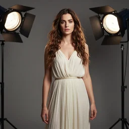 photograph of The beautiful actress Tonia Sotiropoulou dressed as the greek Fate Clotho, studio lighting