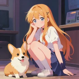 beautiful anime painting of lo - fi hiphop solarpunk attractive teenage princess chill with corgi, by gaston bussiere, j. c. leyendecker, craig mullins. trending on artstation, 8 k, masterpiece, graffiti paint, fine detail, full of color, intricate detail, golden ratio illustration, face enhance