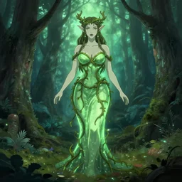 junoesque curvaceous fey queen, vine dress, glowing forest, strong line, eerie color, beautiful! coherent! by mariusz lewandowski