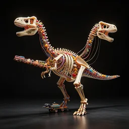 Simple bionic exploded drawing dinosaur skeleton sculpture architecture made from rollercoaster, with colorfull jellybeans organs, cables, wires and tubes, by david lachapelle, by angus mckie, by rhads, in a dark empty black studio hollow, c4d, at night, rimlight, rimight, rimlight
