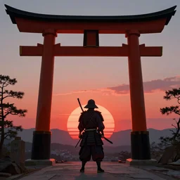 Armed samurai standing under an enormous torii gate with the very very red rising sunrise ,hyper-realistic, your name sky, evening, octane rendering , inspired by Katsuhiro Otomo, pixelactivist