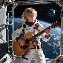 cinematic image of aloy from the horizon zero dawn videogame playing the guitar in the international space station, trending on artstation