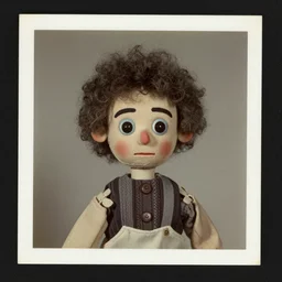 a  puppet made of human hair, old photo, expired color film, damaged photo, 1975