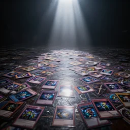 a lot of yugioh cards on floor, dark room, fog atmosphere, god rays,dramatic lighting, detailed