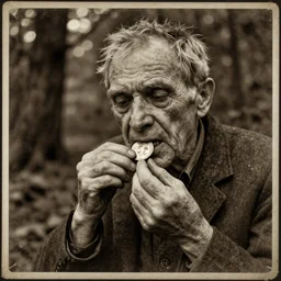 old retro burnt out sepia photograph with scratches of an old and wrinkled man testing a golden coin with his teeth. magical forest in the background with bokeh. Antique. High quality 8k. Intricate. Sony a7r iv 35mm. Award winning. Zdzislaw beksinski style
