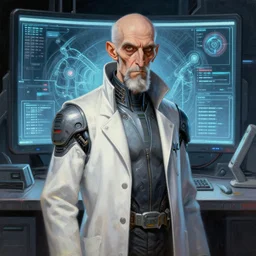 dc comic book style portrait painting of an old short thin man with a thin mean face and odd beard, wearing a futuristic lab coat, standing in front of a computer simulation, sci - fi, intricate, elegant, highly detailed, digital painting, artstation, concept art, matte, sharp focus, illustration, art by artgerm and greg rutkowski and jim burns and alan lee and goya