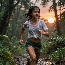 adventure girl runs in jungle rain, soaking wet, white!!!! tshirt tied in knot, torn!! clothing, short dark hair, sweaty abs, sunset, hyperrealistic, unreal engine 5, detailed render, atmospheric haze, dim natural evening lighting, mid distance