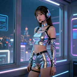 beautiful cybergirl with the headset in the metallic costume standing by the window in the futuristic neon room, city lights, digital art, highly detailed