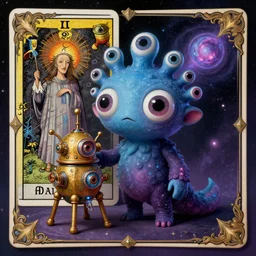 a new small cute creature from space cosmic multiple eyes a bit weird cosmic with an intriguing wonderful machine beside him, tarot card, beautiful frames, Leonora Carrington moebius Hieronymus Bosch Max Ernst dali Zdzisaw Beksiñski Roland Topor Henryk Plociennik
