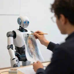 a blind person instructing a robot to paint a picture.