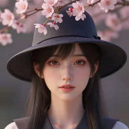 a candid portrait of a female wearing a hat with sakura on top, hyper detailed, digital art, artstation cgsociety masterpiece, cinematic lighting, studio quality, smooth render, unreal engine 5 rendered, octane rendered
