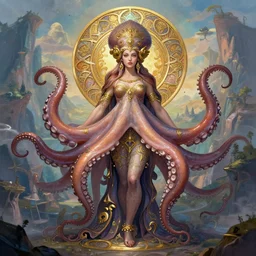 portrait of an octopus goddess, full body shot, rule of thirds, amazing landscape in background, fantasy, whimsical, league of legends splash art, hearthstone splash art, art by artgerm and greg rutkowski and chengwei pan and huang guangjian and viktoria gavrilenko and josephine wall and amanda sage and alphonse mucha, intricately detailed, highly detailed, luxurious, elegant, trending on artstation
