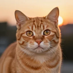 beautiful orange cat, sunset behind it, sparkling eyes