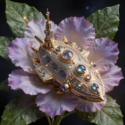 space ship organic, flower, leaf, cosmic, highly detailed ornate with jewels and precious metals futuristic, sandman kingdom, kingdom of dreams, space ships, hiperrealistc, global illumination, radiant light, moebius